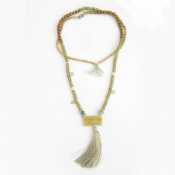 Peridot double rows glass bead tassel necklace